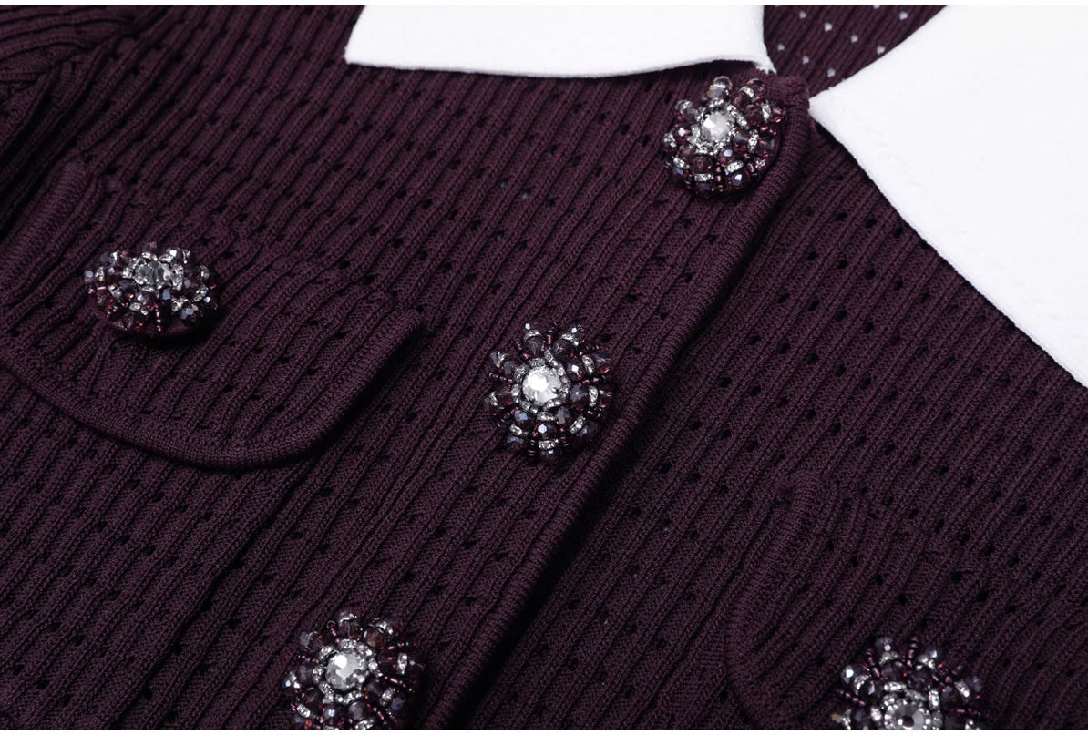 Vivian Van Hoef Contrast-Collar Pointelle Cardigan