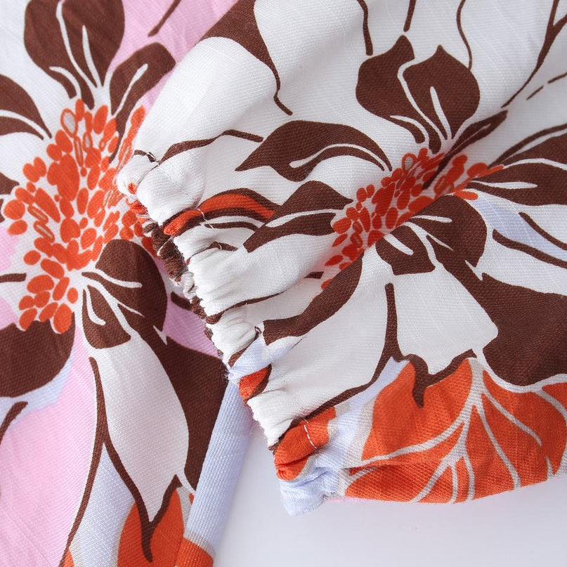 Maxi Dress – Red Floral Print – Round Neckline – Elegant A-Line Style