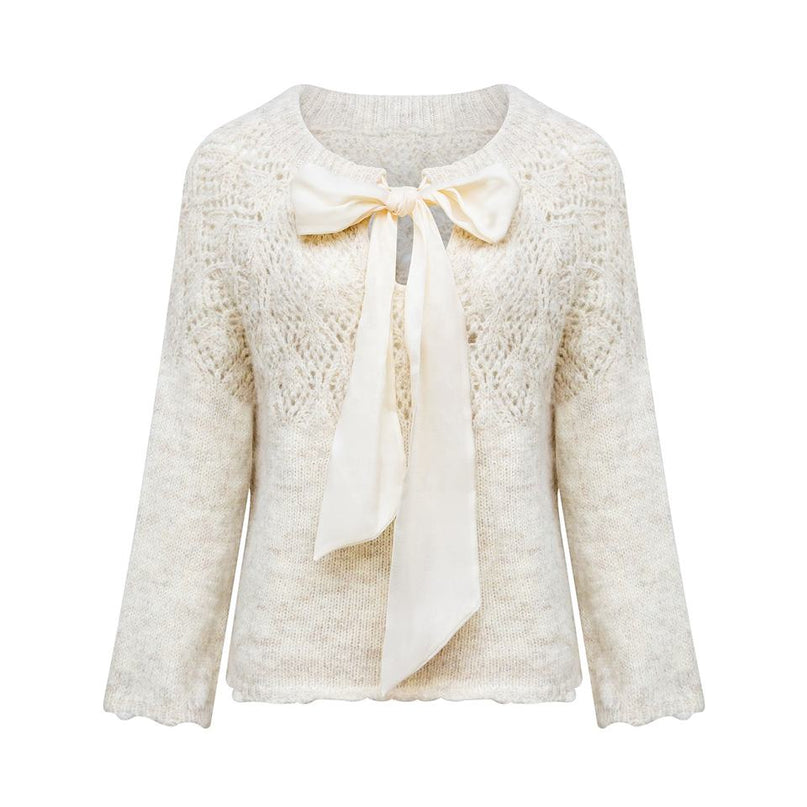 Knit Top – Vintage Bow Design – Hollow Mohair Knit – Elegant Winter Style