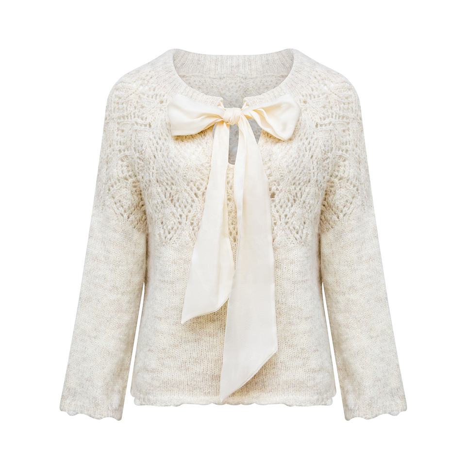 Knit Top – Vintage Bow Design – Hollow Mohair Knit – Elegant Winter Style