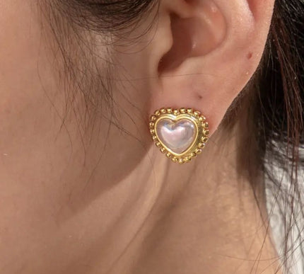 Heart Pearl Stud Earrings Stainless Steel Gold Plated
