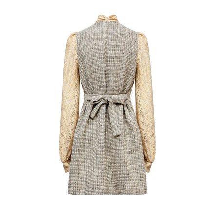 Office Dress – Tweed & Chiffon Blend – Bow Neckline – Vintage Chic Midi Style