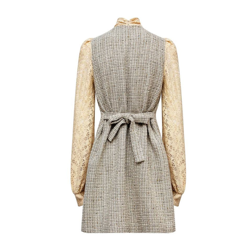 Office Dress – Tweed & Chiffon Blend – Bow Neckline – Vintage Chic Midi Style
