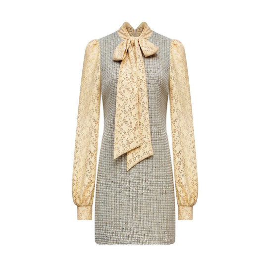 Office Dress – Tweed & Chiffon Blend – Bow Neckline – Vintage Chic Midi Style