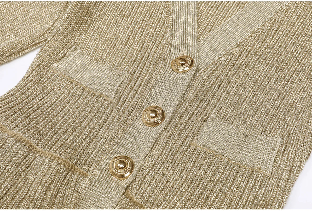 Nora Van Hoef Shimmer Knit Cardigan And Flared Mini Skirt Set