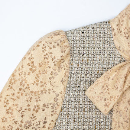 Office Dress – Tweed & Chiffon Blend – Bow Neckline – Vintage Chic Midi Style