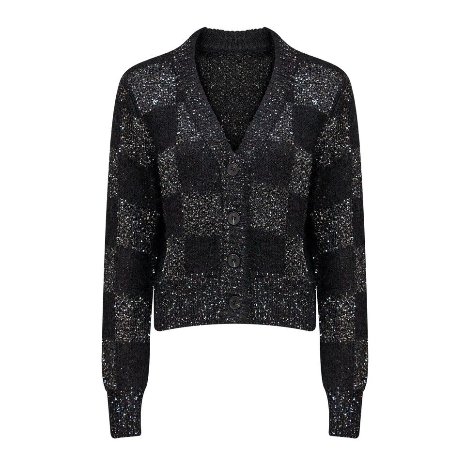 Cardigan Sweater – V-Neck Design – Plaid Knit Pattern – Sequin Embellishments