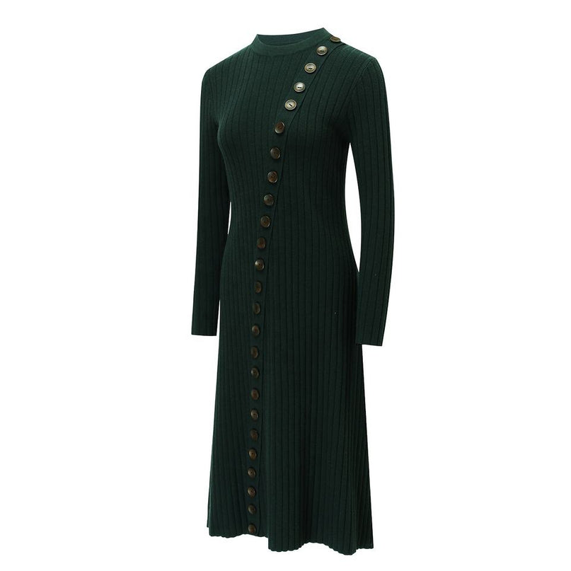 Maxi Dress – Solid Knit Design – Button Detail – Modest Vintage Style