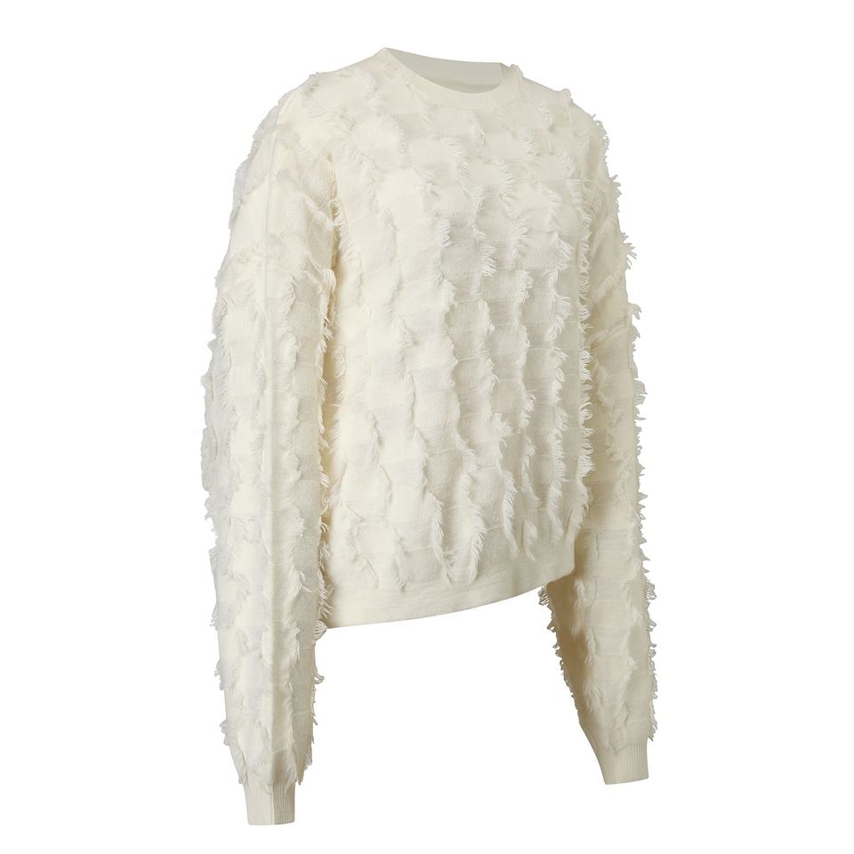 Pullover Sweater – Fluffy Jacquard Knit – Fringe Tassel Design – Chic Spring Style