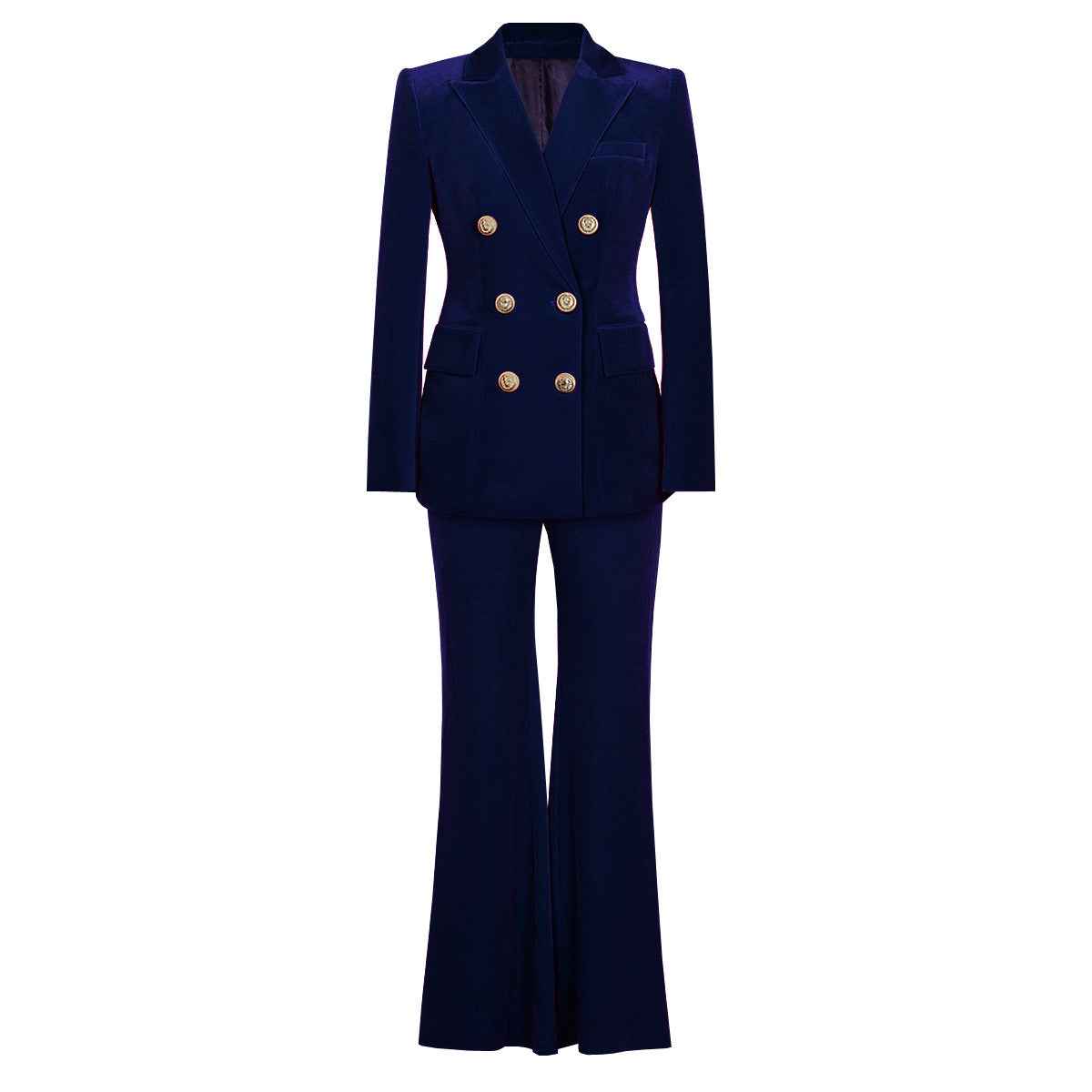 Navy blue velvet suit with a double-breasted blazer featuring gold buttons and matching flared trousers