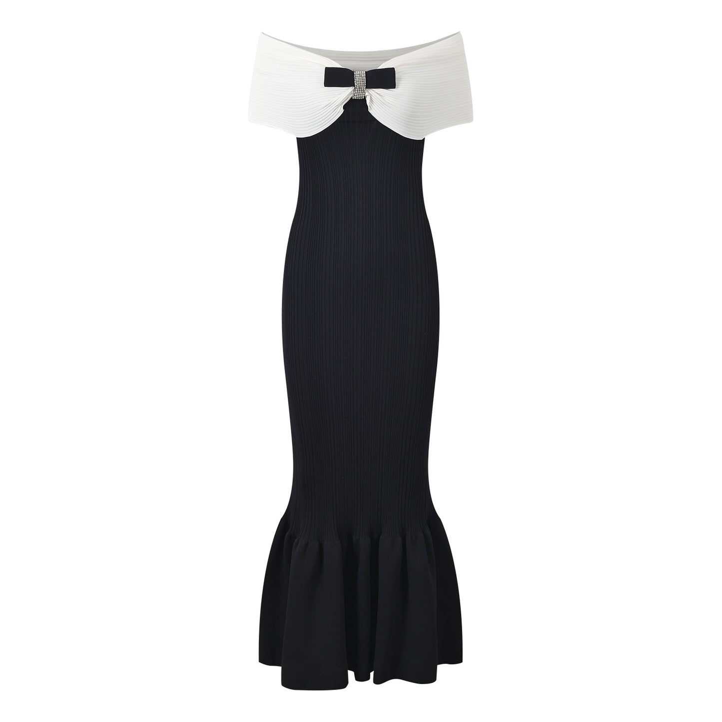 Off-Shoulder Bodycon Dress with Bow Detail in Black and White