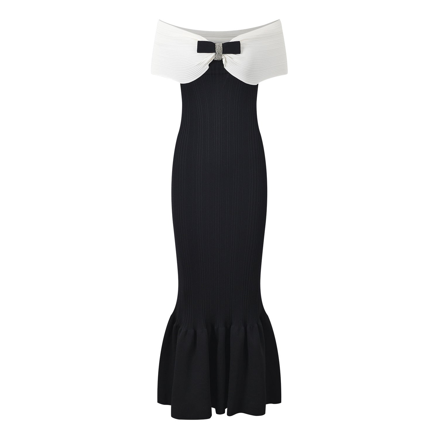 Off-Shoulder Bodycon Dress with Bow Detail in Black and White