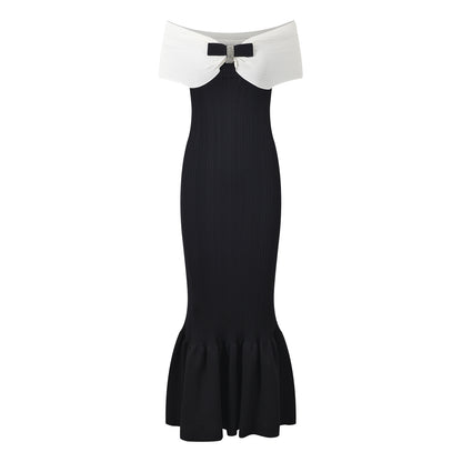 Off-Shoulder Bodycon Dress with Bow Detail in Black and White