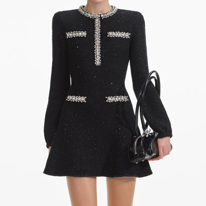 Tailored A-Line Dress with Crystal Details in Black