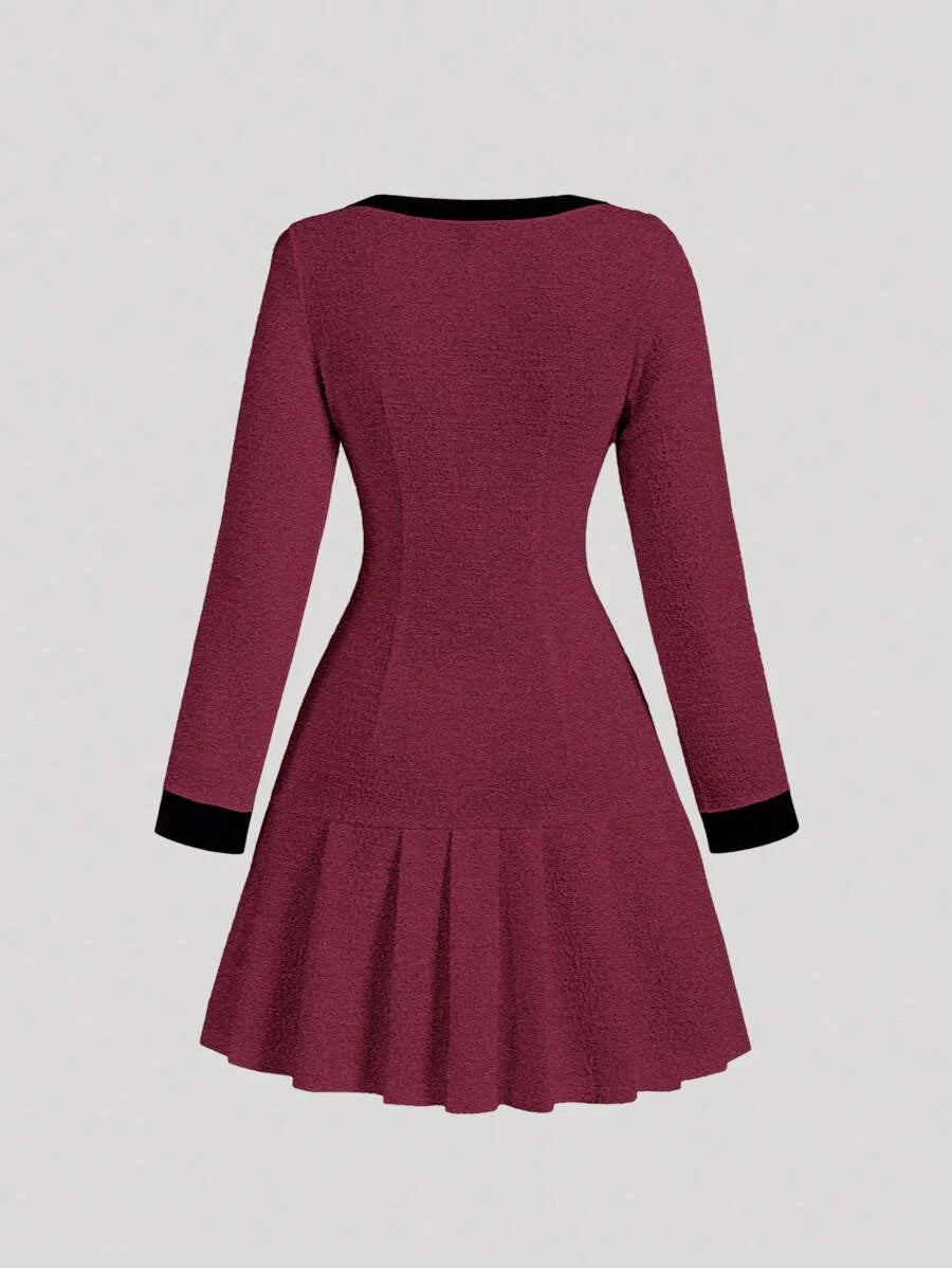 Red and Black Contrast Pleated Bodycon Long Sleeve Dress Knitted Texture