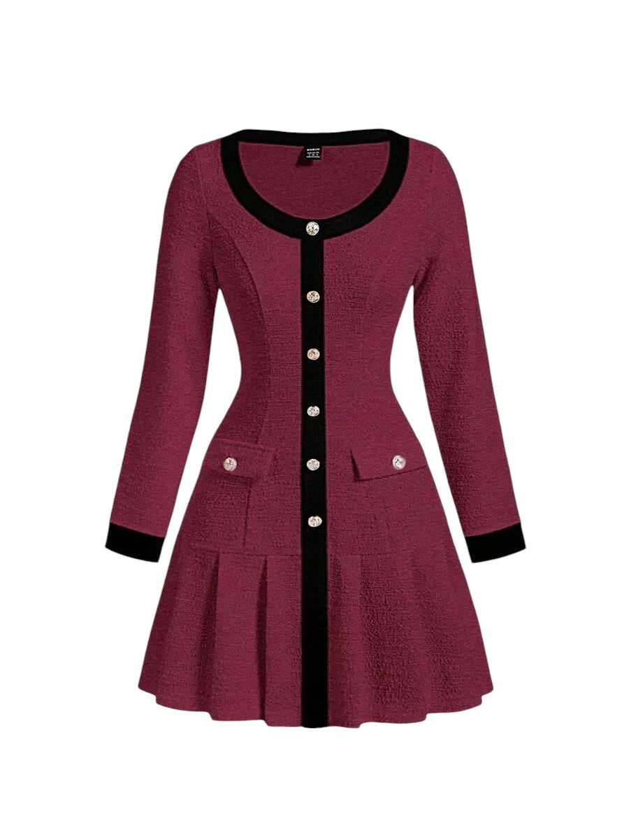Red and Black Contrast Pleated Bodycon Long Sleeve Dress Knitted Texture in Red and Black Lines