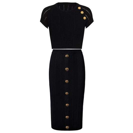 Ribbed Two-Piece Crop Top Set in black