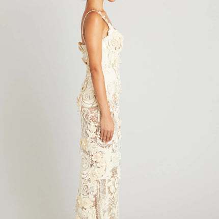 Van Hoef Elena Embroidered Maxi Dress - Floral Appliqués - Fitted Silhouette