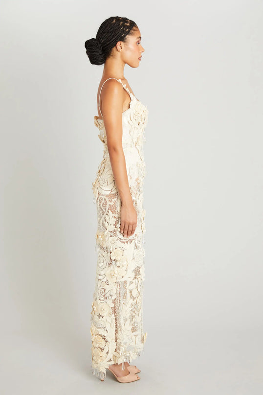 Van Hoef Elena Embroidered Maxi Dress - Floral Appliqués - Fitted Silhouette