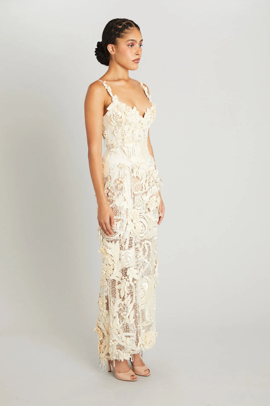 Van Hoef Elena Embroidered Maxi Dress - Floral Appliqués - Fitted Silhouette