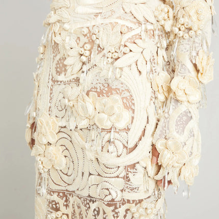 Van Hoef Elena Embroidered Maxi Dress - Floral Appliqués - Fitted Silhouette