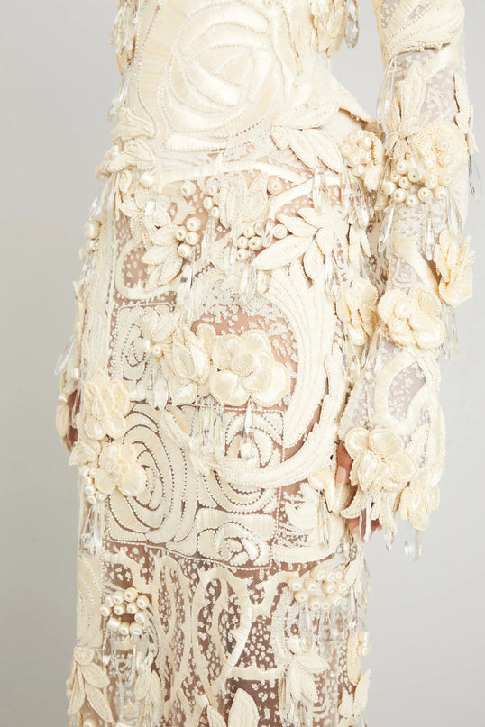 Van Hoef Elena Embroidered Maxi Dress - Floral Appliqués - Fitted Silhouette