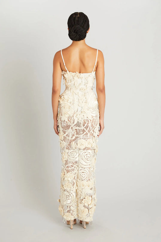 Van Hoef Elena Embroidered Maxi Dress - Floral Appliqués - Fitted Silhouette