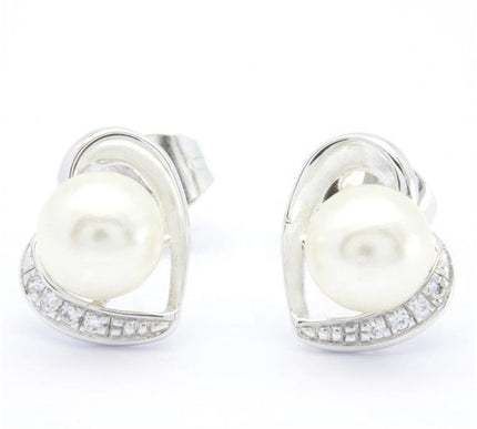 18K White Gold Plated Freshwater Pearl Heart Stud Earrings