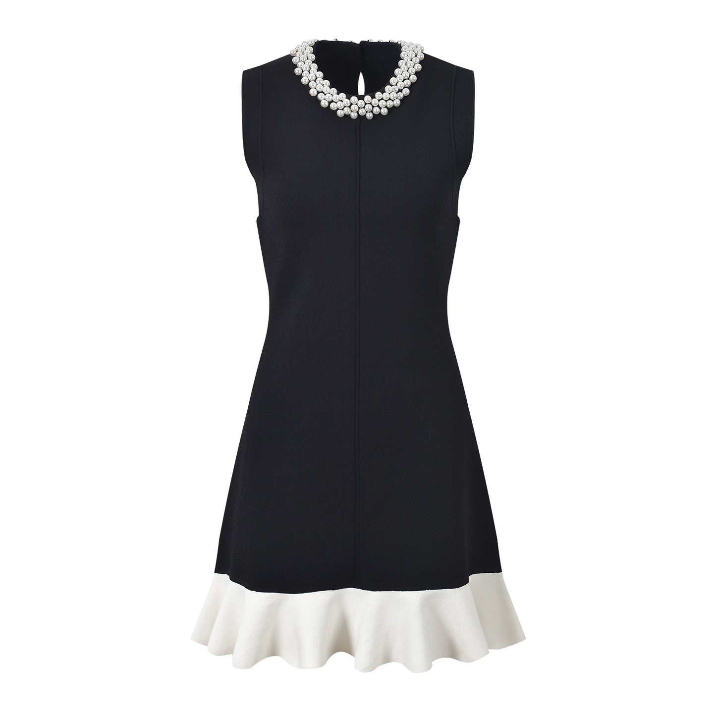 Sleek A-line Dress with Necklace Detail & Pearl Embellishment in black