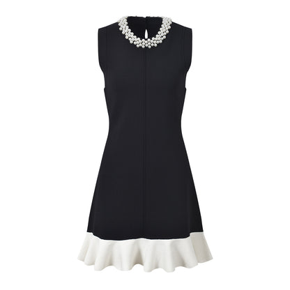 Sleek A-line Dress with Necklace Detail & Pearl Embellishment in black