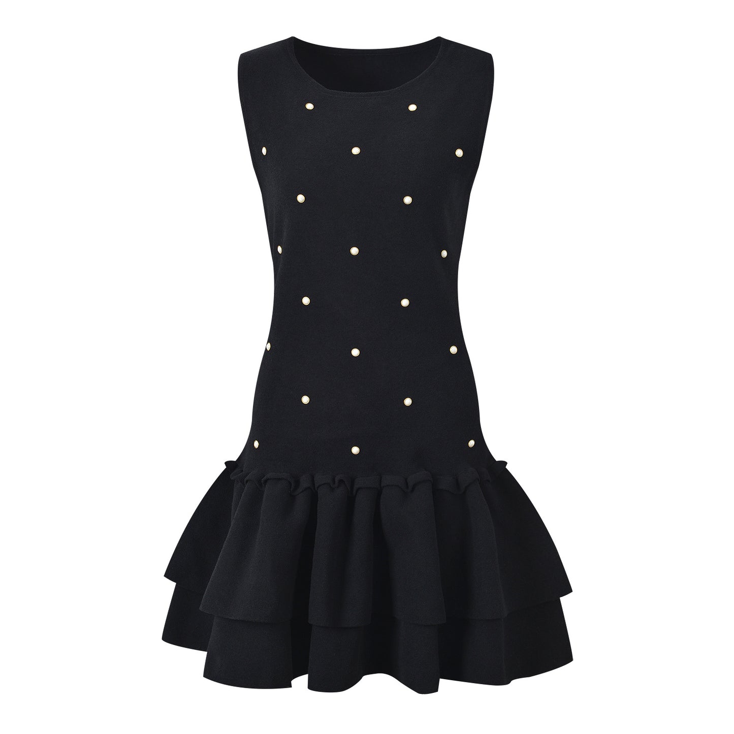 Sleeveless black mini dress featuring delicate pearl embellishments and a playful tiered ruffle skirt