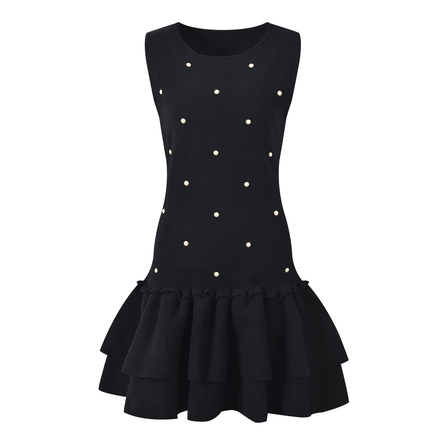 Sleeveless black mini dress featuring delicate pearl embellishments and a playful tiered ruffle skirt