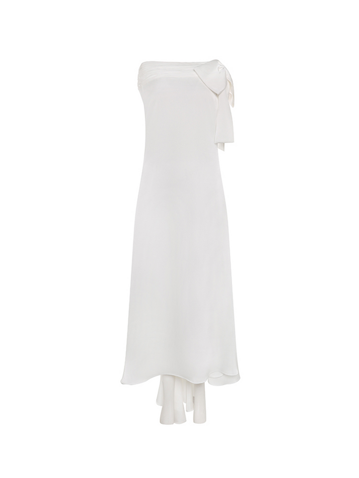 Sophia asymmetric white evening dress with a delicate bow detail, flowing silhouette, and layered hemline, crafted from lightweight polyester.