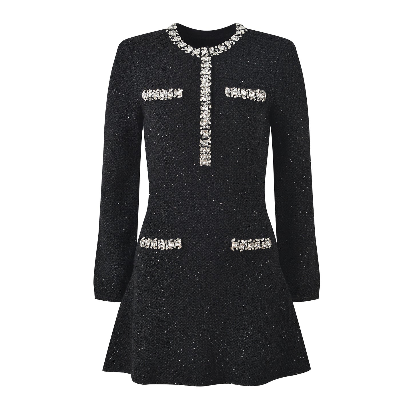 Tailored A-Line Dress with Crystal Details in Black