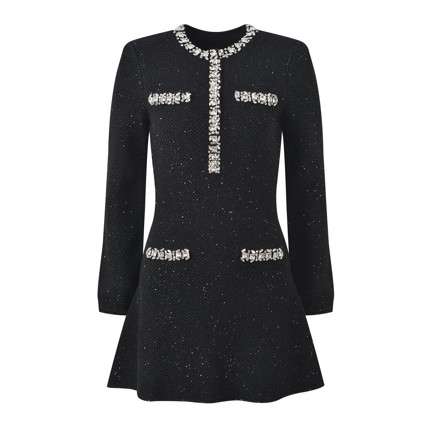 Tailored A-Line Dress with Crystal Details in Black