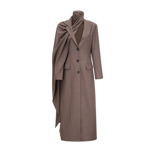 Brown cotton dress with long sleeves scarf detailing draped design and front button fastening