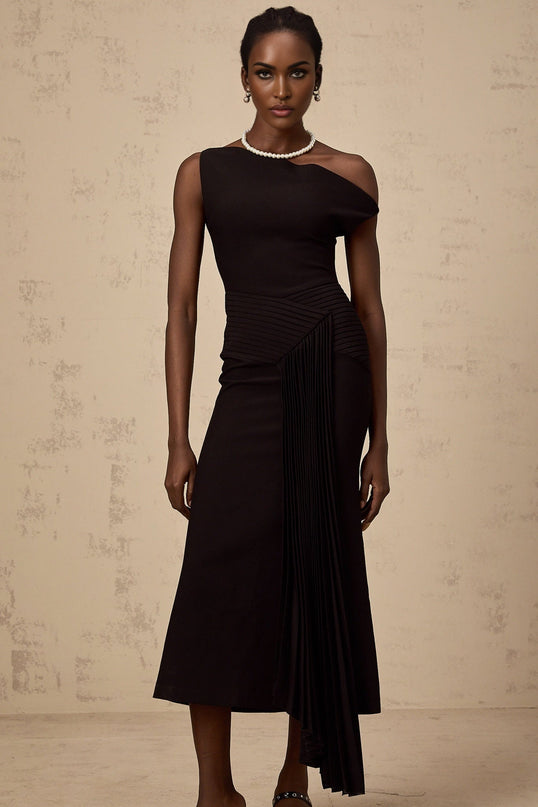A black asymmetric draped midi dress with a flowing silhouette and an uneven hemline