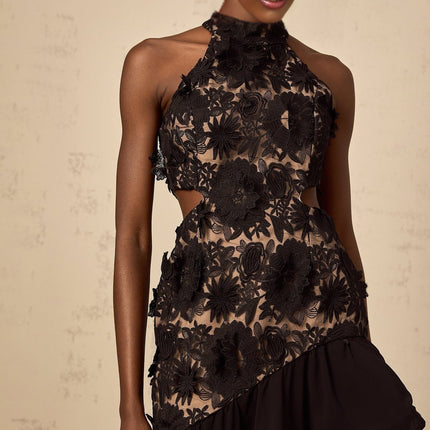 A black asymmetric midi dress with floral applique details named Bernadette