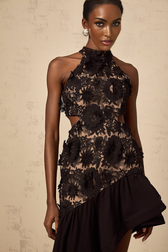 A black asymmetric midi dress with floral applique details named Bernadette