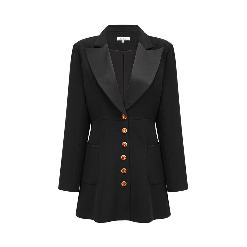 A black blazer dress with single button closure and tailored silhouette