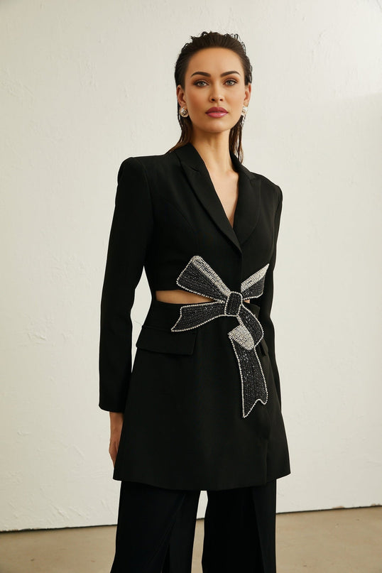 A black blazer with a bowknot detail and cut out design named Justine