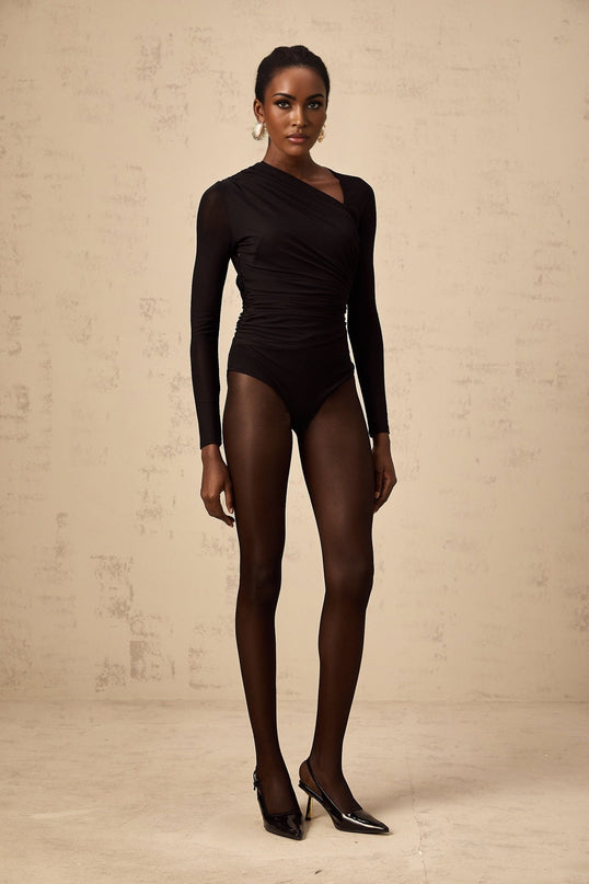 A black bodysuit with an asymmetric split design featuring a sleek and modern silhouette