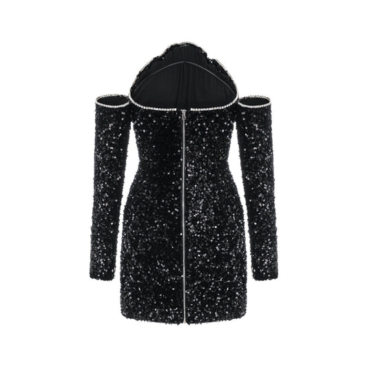 Black offtheshoulder dress with sequin and crystal embellishments waisttightening design back zip closure and mini length Composed of 100% Polyester