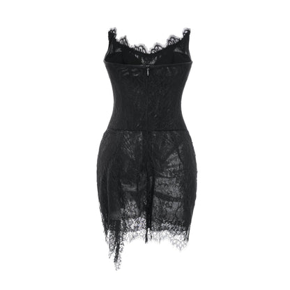Black offshoulder dress with mesh lace pearls and ribbon detailing