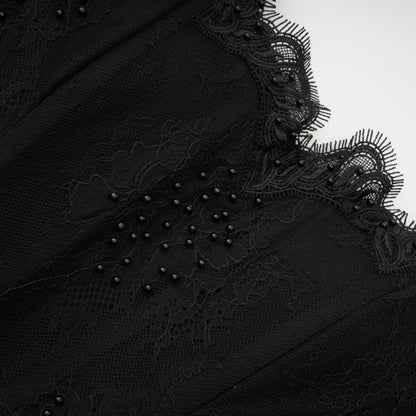 Black offshoulder dress with mesh design lace details fauxpearl embellishments and ribbon accent