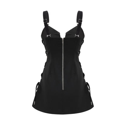 Black sleeveless dress with a Vneck and structured boned bodice pair of chest flap pockets adjustable shoulder straps and designer rear zip fastening