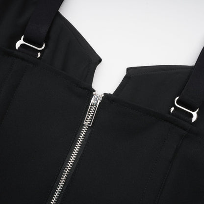 Black sleeveless dress with Vneck boned bodice adjustable straps rear zip fastening chest flap pockets and thighlength hem Made of 98% Organic Cotton and 2% Elastane
