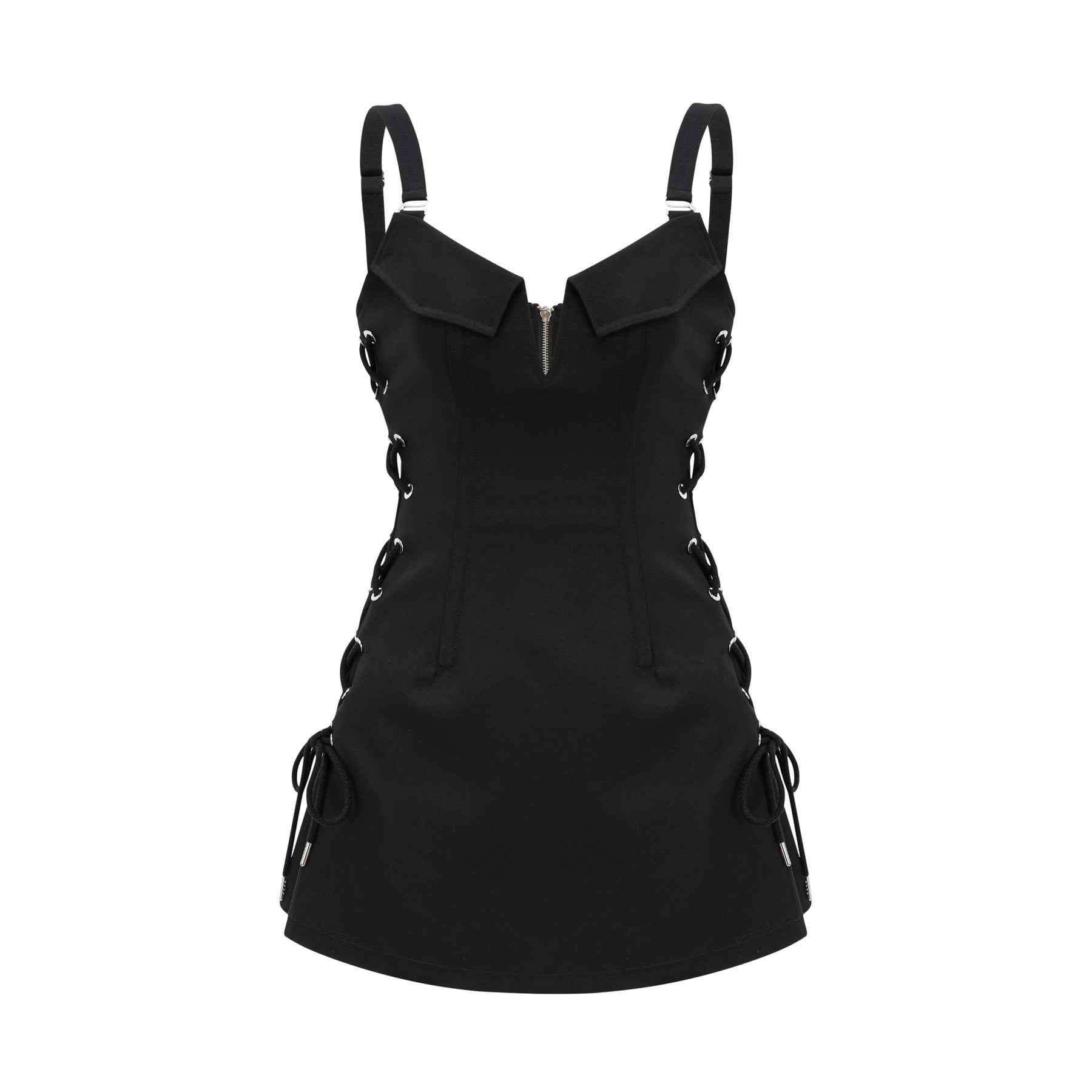 Black sleeveless Vneck dress with a structured boned bodice adjustable shoulder straps and chest flap pockets Chic thighlength coverage composed of 98% Organic Cotton and 2% Elastane