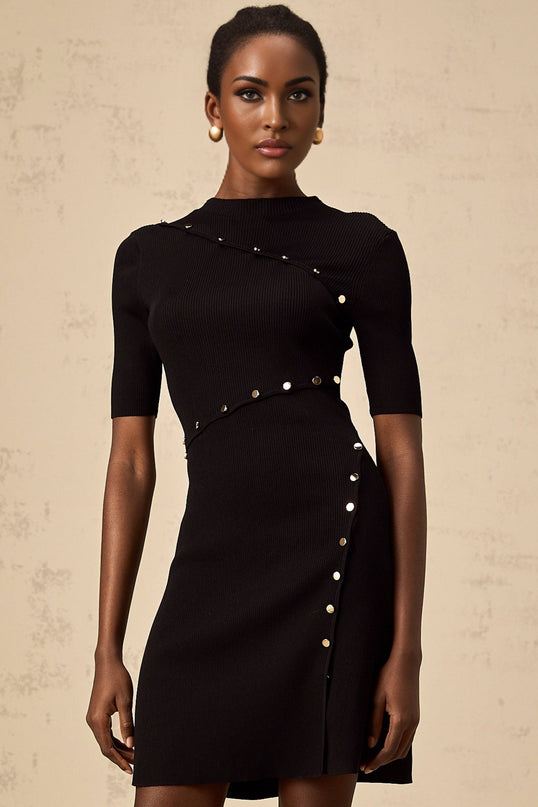 A black fineknit mini dress with decorative buttons named Wanda shown on a plain background
