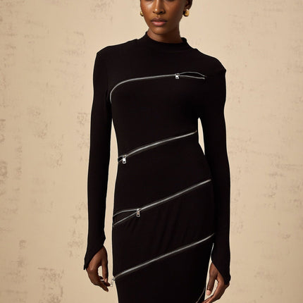 A black fitted maxi dress with a zipper detail named Costanza